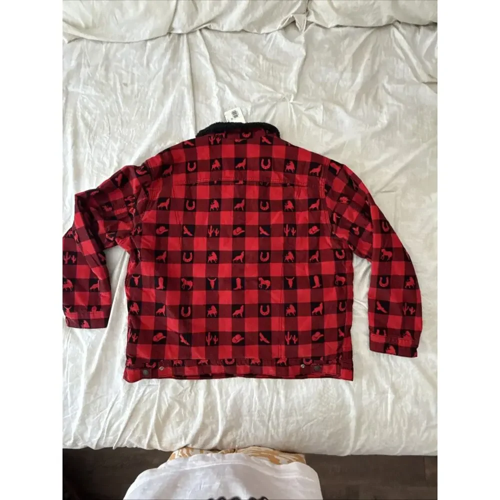 Levi’s Premium Sherpa Trucker Jacket XL Red Plaid Western Print New